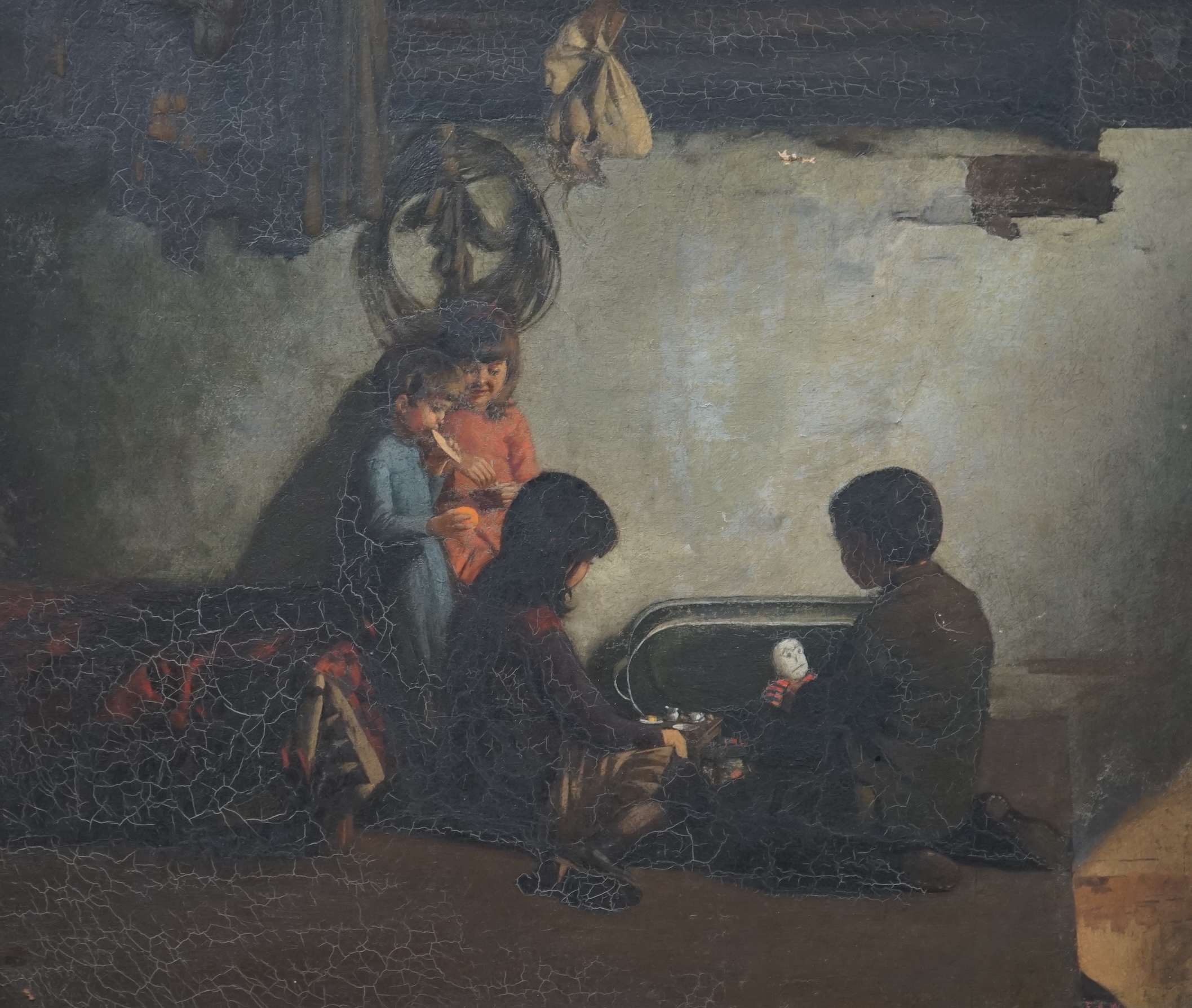 F.J.W., 19th century School, oil on canvas, Four children in an interior, initialled and dated 1885, 42 x 49cm. Condition - poor, dirt and craquelure all over